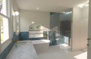 Luxury bathroom render with blue herringbone tile, freestanding bathtub, walk-in shower and brass fixtures