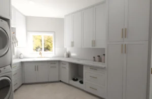 Luxury residential mudroom and laundry room design with custom shaker cabinetry and marble countertops