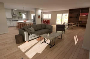 Open plan living room and kitchen render with custom shelving, island seating and contemporary residential interior design