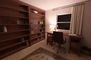 Luxury home library render with custom walnut shelving, integrated desk and warm ambient lighting