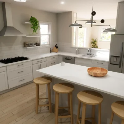 Contemporary Custom Kitchen Render Contemporary kitchen render with custom shaker cabinetry, large island and white subway tile backsplash
