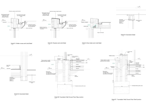 Architectural construction detail drawings showing wall, lintel, gutter and foundation junctions
